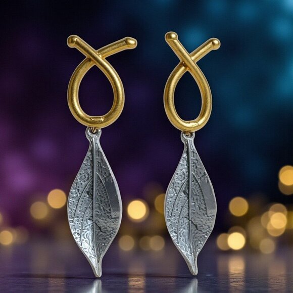 🆕Turkish Handmade 18K Gold Leaf Dangle Earrings Boho Chic Artisan Jewelry - Picture 9 of 11